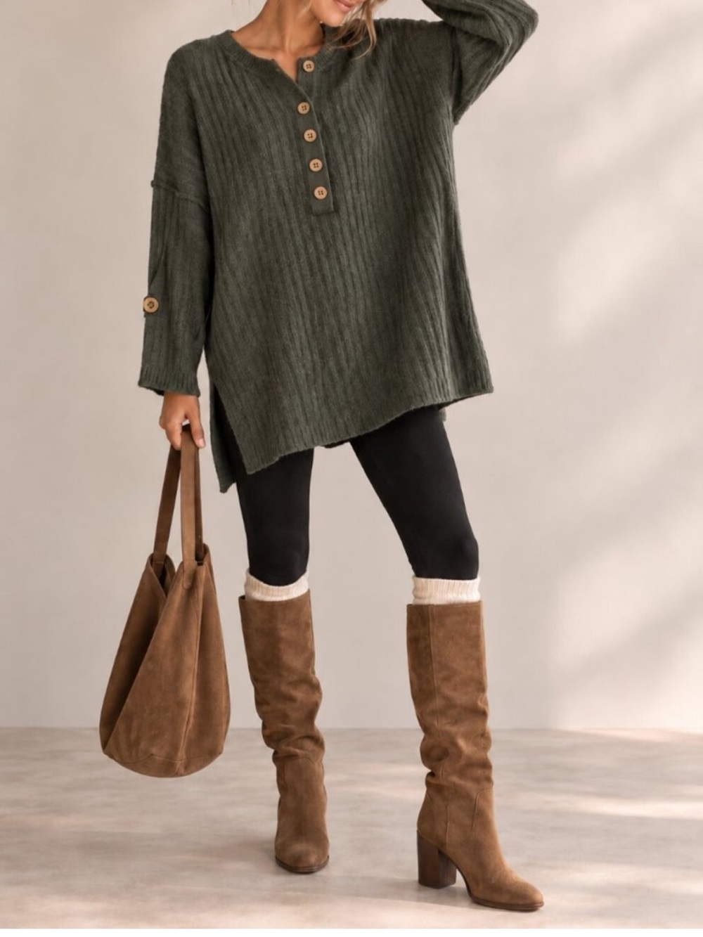 Free People Around the Clock Charcoal Ribbed Henley Tunic Sweater Small